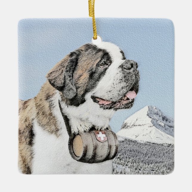 Saint Bernard Painting - Cute Original Hund Art Julgransprydnad Keramik (Framsida)