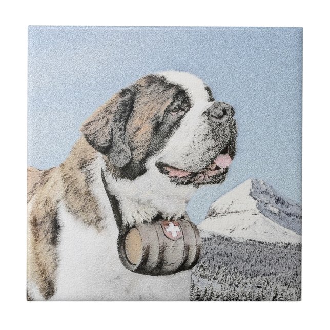 Saint Bernard Painting - Cute Original Hund Art Kakelplatta (Framsidan)
