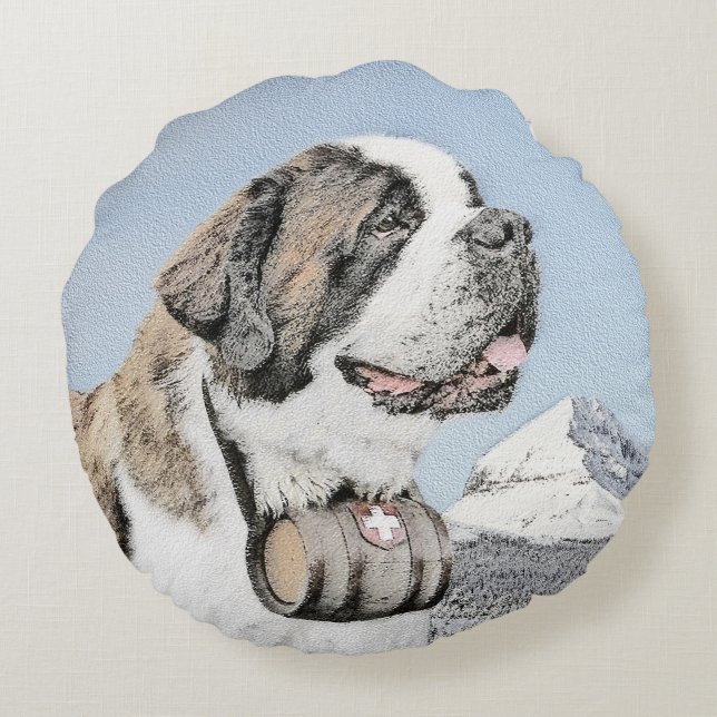 Saint Bernard Painting - Cute Original Hund Art Rund Kudde (Baksidan)