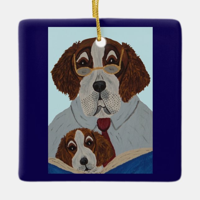Saint Bernard-pappa läser för valp Julgransprydnad Keramik (Framsida)