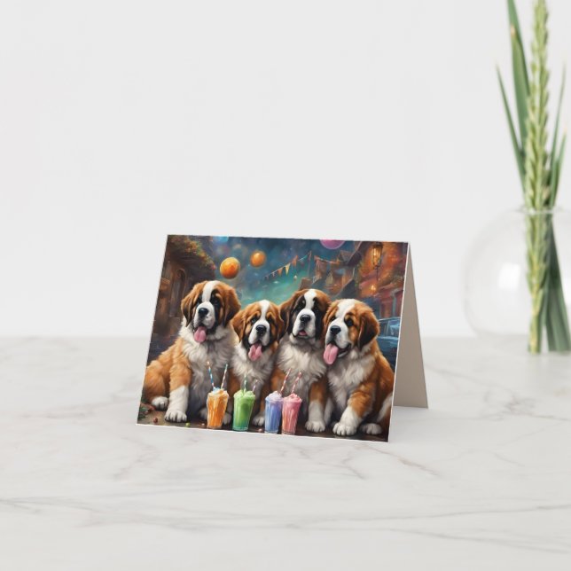 Saint Bernard Puppies och Milkshakes Birthday Kort (Framsida)