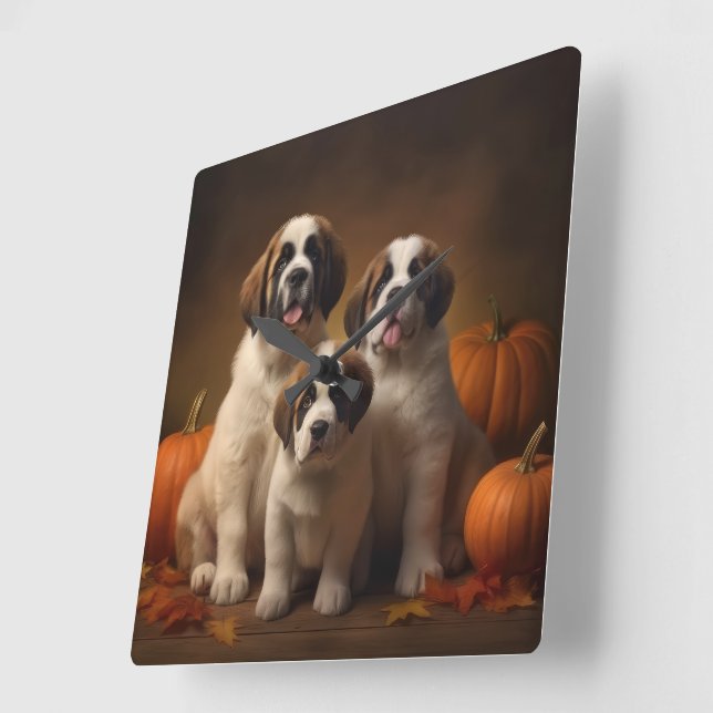 Saint Bernard Puppy Autumn Delight Pumpkin Fyrkantig Klocka (Vinkel)