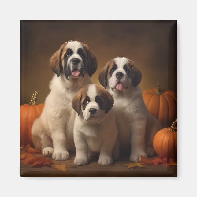 Saint Bernard Puppy Autumn Delight Pumpkin Magnet (Framsidan)