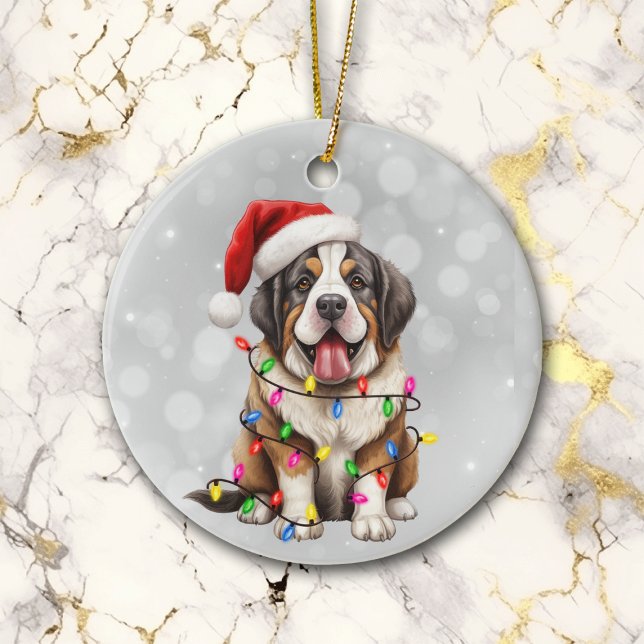 Saint Bernard Puppy i Ljus på julen Julgransprydnad Keramik (Skapare uppladdad)
