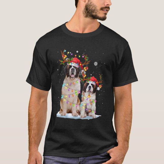 Saint Bernard Reindeer Santa Hat Xmas Lights Chris T Shirt (Framsida)
