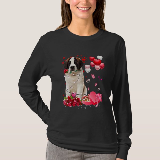 Saint Bernard Rose Heart Happy Valentine Day Dog M T Shirt (Framsida)