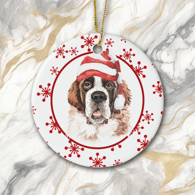 Saint Bernard Santa Hat Red Snowflake Julgransprydnad Keramik (Skapare uppladdad)