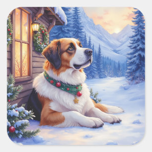 Saint Bernard Snöig Mountain Lodge Julhund Fyrkantigt Klistermärke