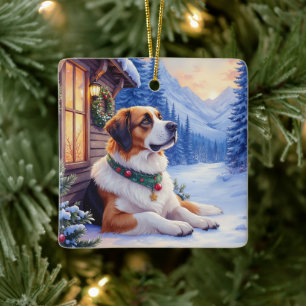 Saint Bernard Snöig Mountain Lodge Julhund Julgransprydnad Keramik