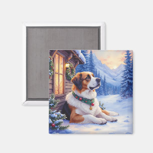 Saint Bernard Snöig Mountain Lodge Julhund Magnet