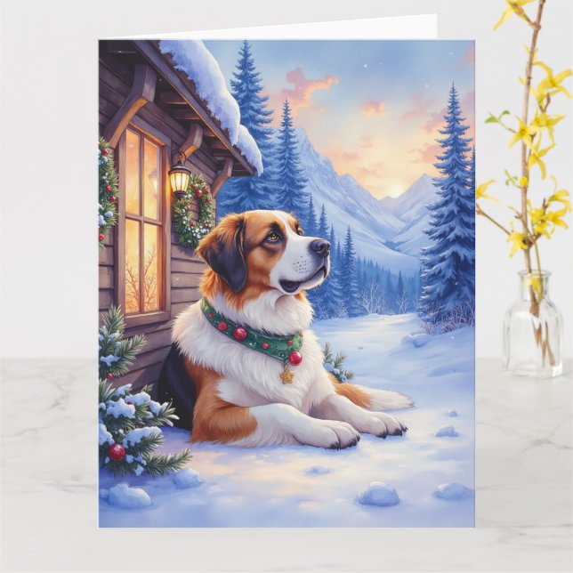 Saint Bernard Snowy Mountain Lodge Christmas Dog Kort (Gul blomma)