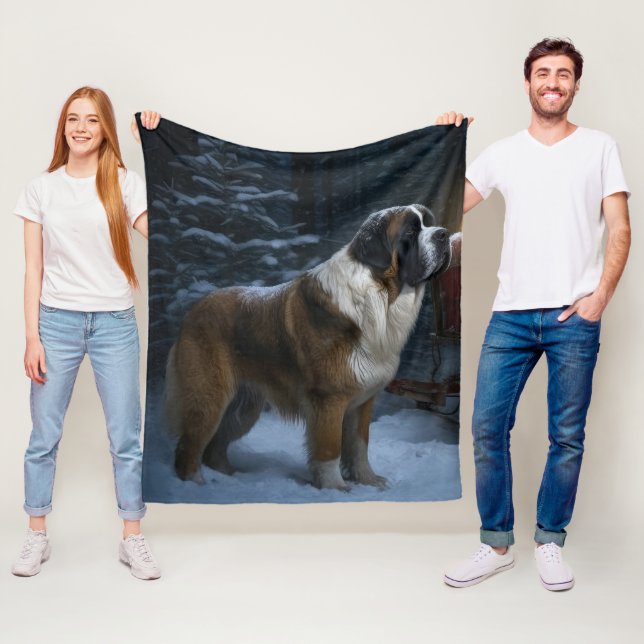 Saint Bernard Snowy Sleigh-juldekretet Fleecefilt (På plats)