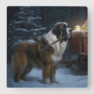 Saint Bernard Snowy Sleigh-juldekretet Fyrkantig Klocka