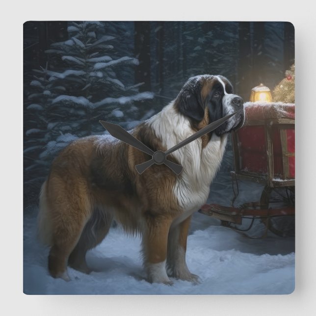 Saint Bernard Snowy Sleigh-juldekretet Fyrkantig Klocka (Framsida)