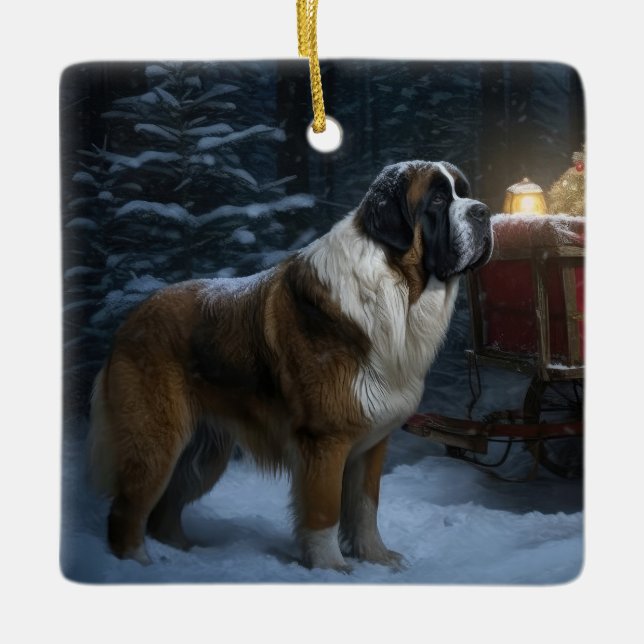 Saint Bernard Snowy Sleigh-juldekretet Julgransprydnad Keramik (Framsida)