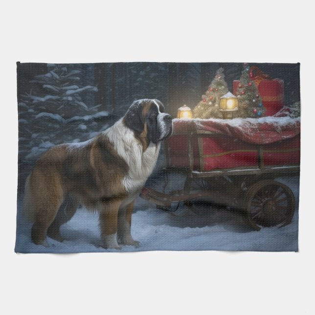 Saint Bernard Snowy Sleigh-juldekretet Kökshandduk (Horisontell)