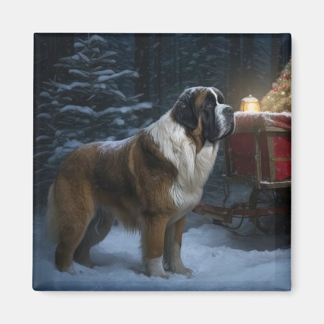 Saint Bernard Snowy Sleigh-juldekretet Magnet (Framsidan)
