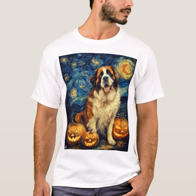 Saint Bernard Söt Hund Halloween Jack O Lantern Pu T Shirt (Framsida)