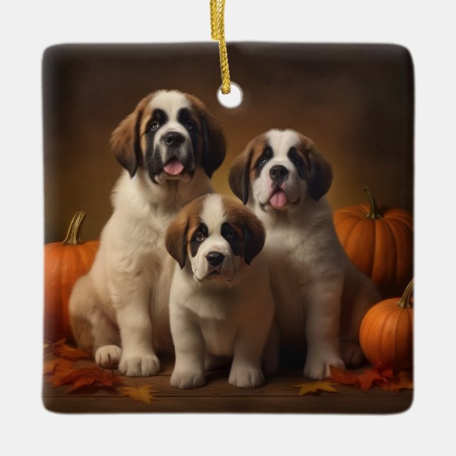 Saint Bernard Valp Höstglädje Pumpa Julgransprydnad Keramik (Framsida)