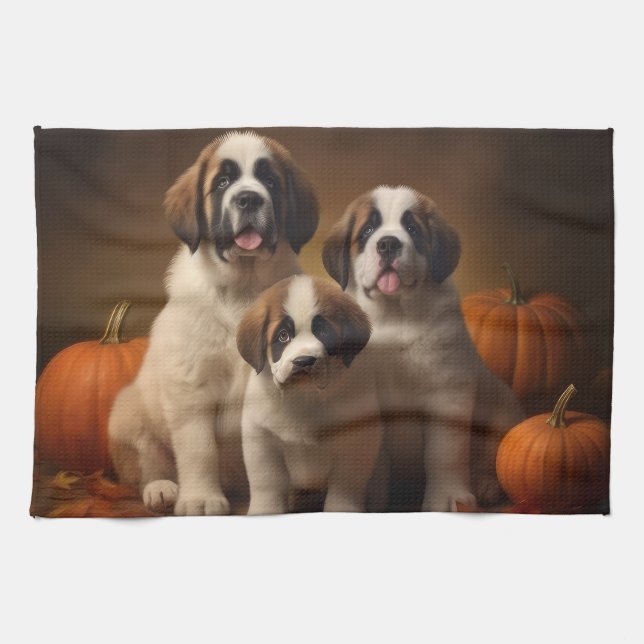 Saint Bernard Valp Höstglädje Pumpa Kökshandduk (Horisontell)