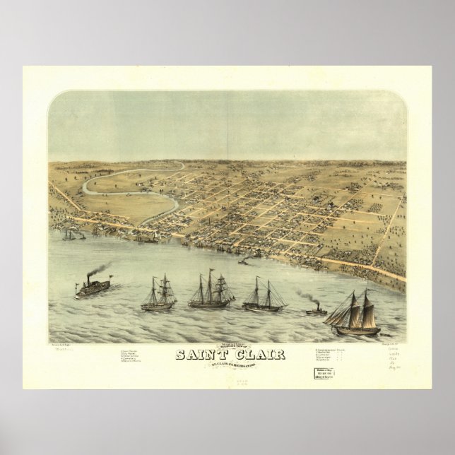 Saint Clair Michigan 1868 Antique Panoramic Karta Poster (Framsidan)