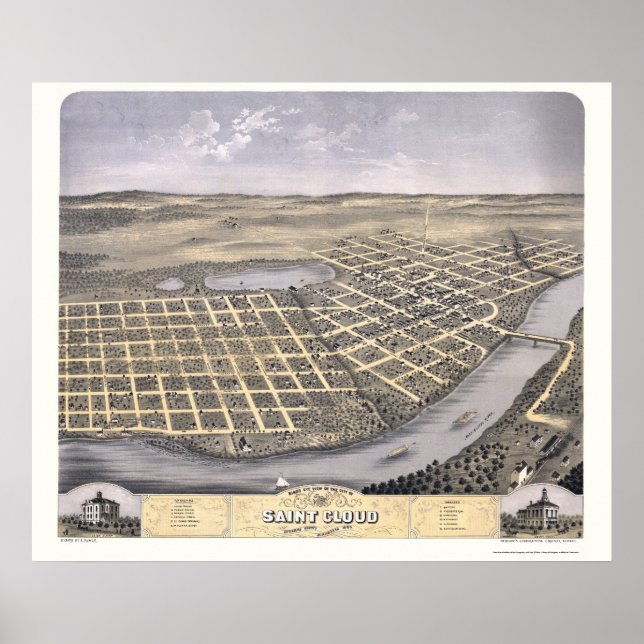 Saint Cloud, MN Panoramic Karta - 1869 Poster (Framsidan)