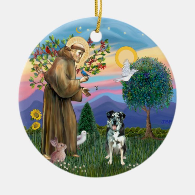 Saint Francis - Catahoula Leopard Hund Julgransprydnad Keramik (Framsidan)