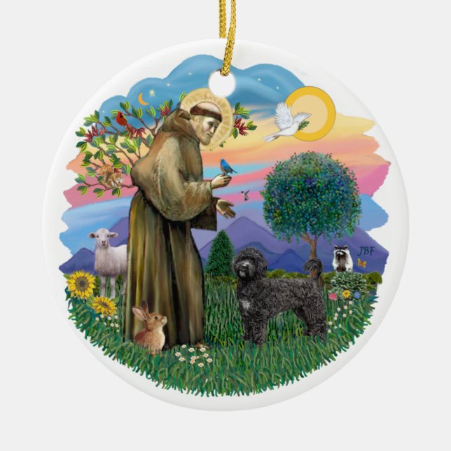 Saint Francis - Portugisiska Vatten Hund (svart) Julgransprydnad Keramik (Framsidan)