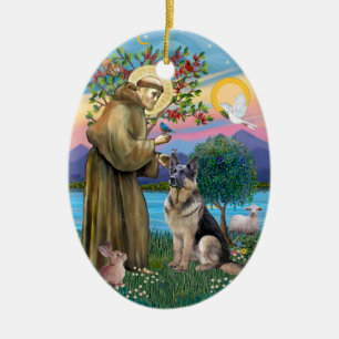 Saint Francis (W) - Tyska shepherd (C) Julgransprydnad Keramik