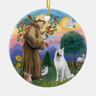 Saint Francis - White German Shepherd Julgransprydnad Keramik