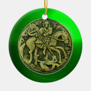 SAINT GEORGE, DRAGON/ MADONNA OCH CHILD MEDALLION JULGRANSPRYDNAD KERAMIK