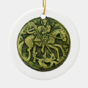 SAINT GEORGE, DRAGON/ MADONNA OCH CHILD MEDALLION JULGRANSPRYDNAD KERAMIK