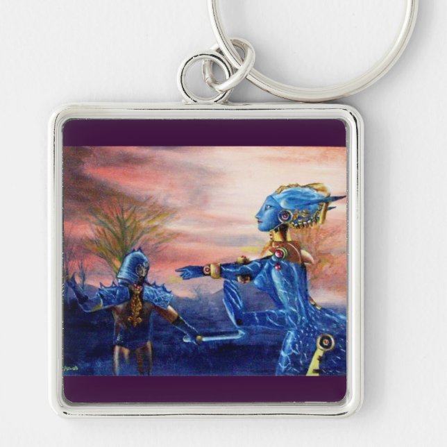 SAINT GEORGE OCH ALIEN DRAGON FYRKANTIG SILVERFÄRGAD NYCKELRING (Framsidan)