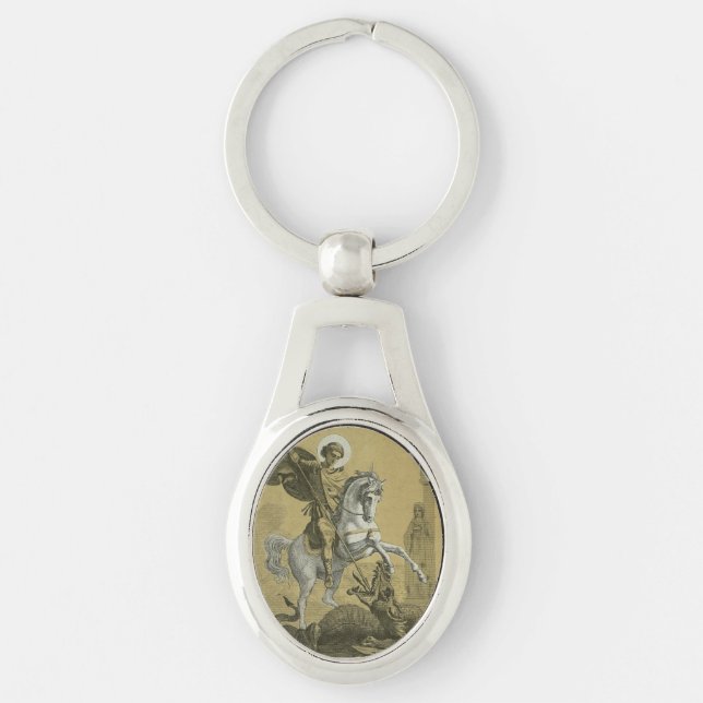 Saint George Patron of England Ovalt Silverfärgad Nyckelring (Framsidan)