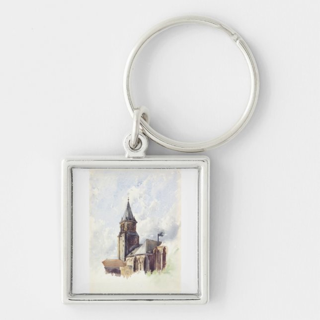 Saint Germain des Pres-kyrkan Paris Fyrkantig Silverfärgad Nyckelring (Framsidan)