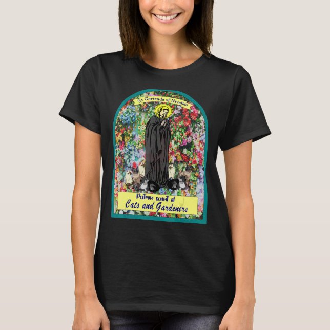 Saint Gertrude Patron Saint of Cats Underbar Nivel T Shirt (Framsida)