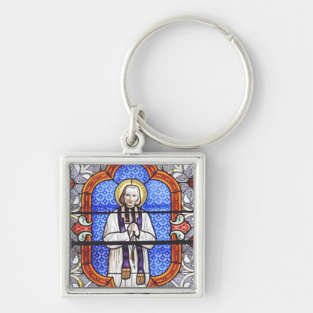 Saint Jean Baptiste Marie Vianney Fyrkantig Silverfärgad Nyckelring (Framsidan)