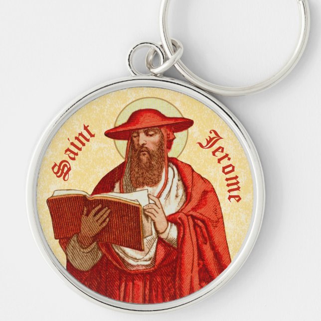Saint Jerome som kardinal med Bok (P 004) Rund Silverfärgad Nyckelring (Framsidan)