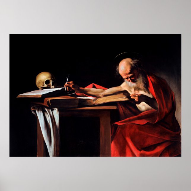 Saint Jerome Writing av Caravaggio (1606) Poster (Framsidan)