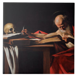 Saint Jerome Writing (av Caravaggio) Kakelplatta