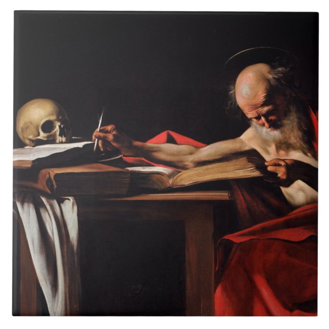 Saint Jerome Writing (av Caravaggio) Kakelplatta (Framsidan)