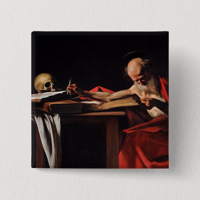 Saint Jerome Writing (av Caravaggio) Knapp (Framsida)