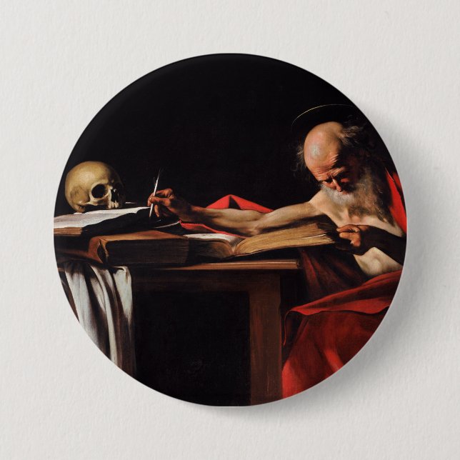 Saint Jerome Writing (av Caravaggio) Knapp (Framsida)