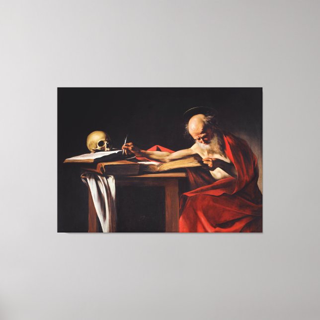 Saint Jerome Writing av Michelangelo Caravaggio Canvastryck (Framsida)