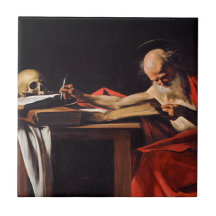 Saint Jerome Writing av Michelangelo Caravaggio Kakelplatta