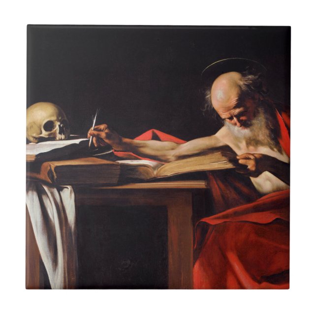 Saint Jerome Writing av Michelangelo Caravaggio Kakelplatta (Framsidan)