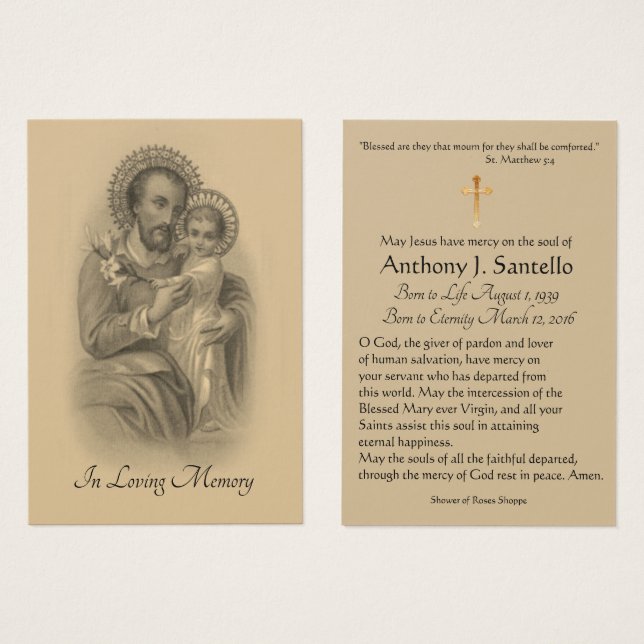 Saint Joseph Funeral Sympathy Prayer Heliga Card Visitkort (Framsida & baksida)