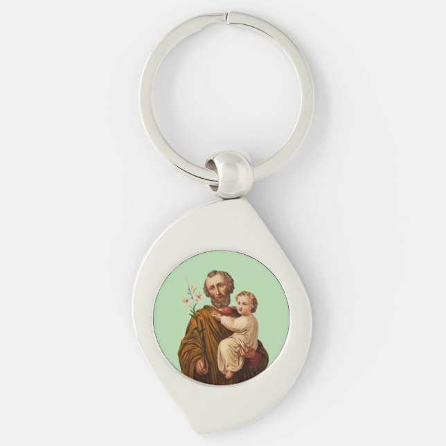 Saint Joseph Guardian från Heligans familj Swirl Silverfärgad Nyckelring (Framsidan)