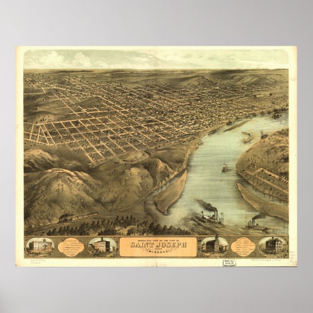 Saint Joseph Missouri 1868 Antique Panoramic Karta Poster (Framsidan)