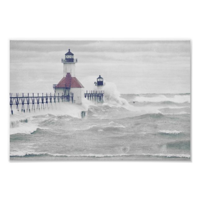 Saint Joseph Sjö Michigan Lighthouse Stormy Fototryck (Framsidan)